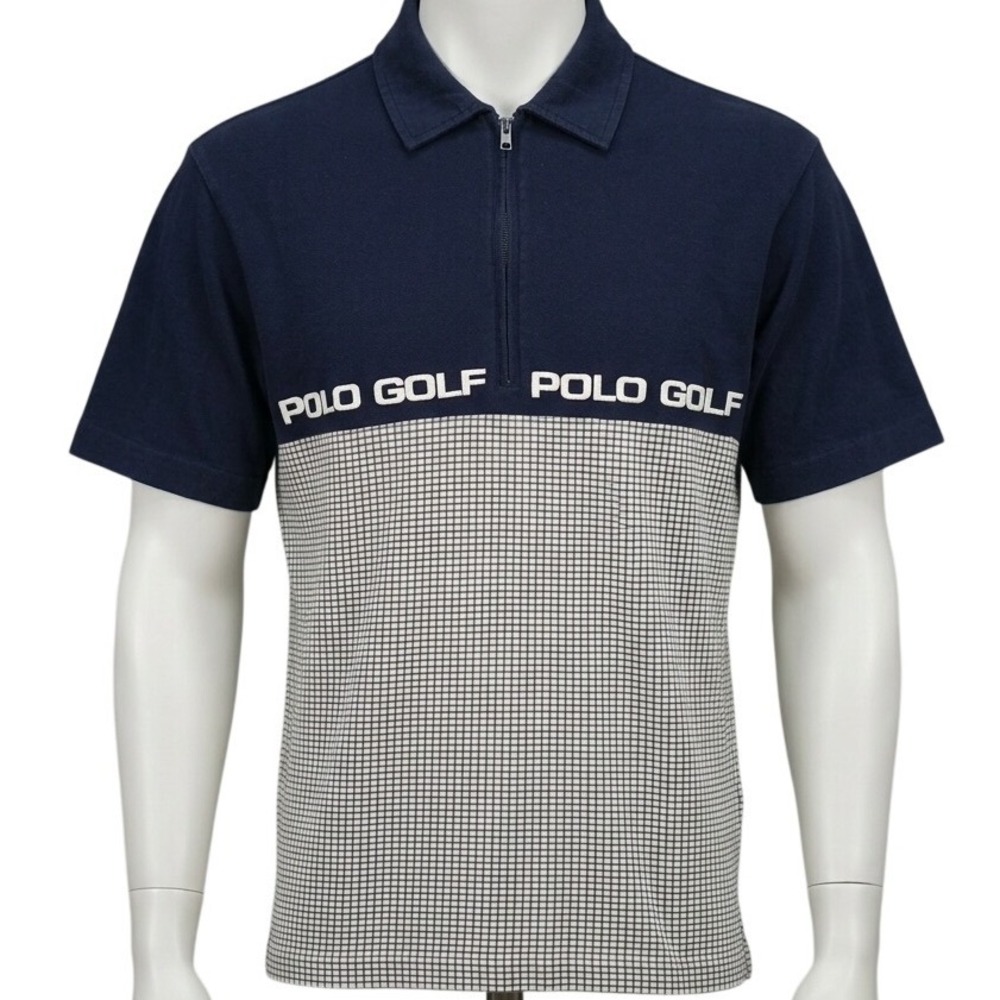 Polo Golf Ralph Lauren Mens Navy Grid Quarter‎ Zip Polo Shirt Medium Cotton